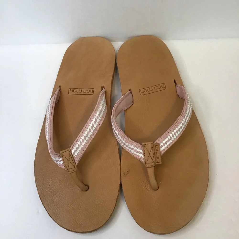 HARI MARI Women's Tan & Light Pink Leather Fields Puebla Flip Flops 8 - Picture 3 of 7